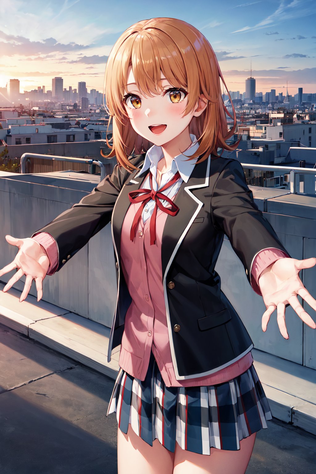 masterpiece, best quality, highres, aairoha, medium hair, school uniform, neck ribbon, collared shirt, blazer, black jacket, open jacket, long sleeves, plaid skirt, <lora:isshiki_iroha_v1:0.7>, reaching out, outstretched arms, smile, open mouth, rooftop, city, blue sky, standing