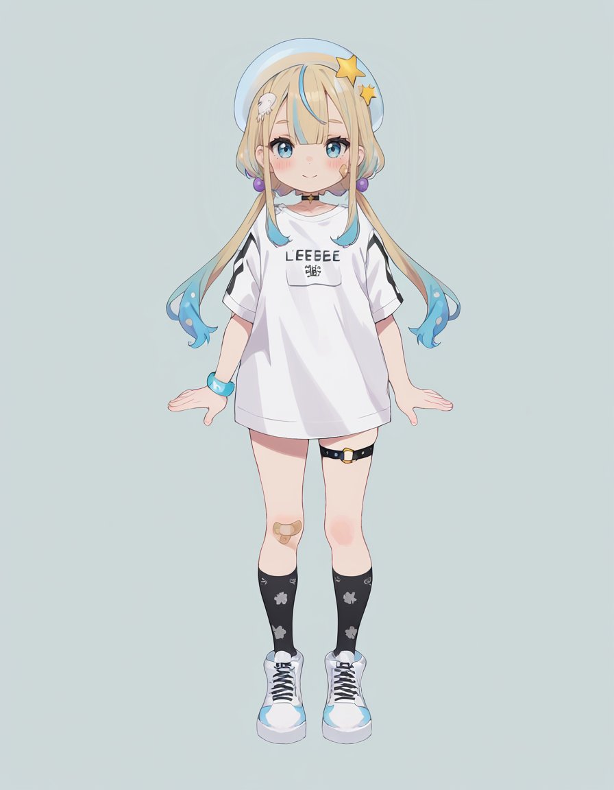 score_9, score_8_up, score_7_up, BREAK ,rating_explicit,jeleechan, 1girl, bandaid on leg, bandaid, solo, twintails, shirt, multicolored hair, smile, blue hair, hat, blue eyes, bandaid on arm, bandaid on knee, shoes, white shirt, white background, simple background, full body, socks, white footwear, low twintails, hair ornament, long hair, closed mouth, black socks, jewelry, standing, bangs, short sleeves, blush, virtual youtuber, bracelet, beret, white headwear, looking at viewer, choker, star (symbol), star hair ornament, blonde hair, thigh strap, sneakers, sidelocks <lora:jelee-chan CAME:1> 