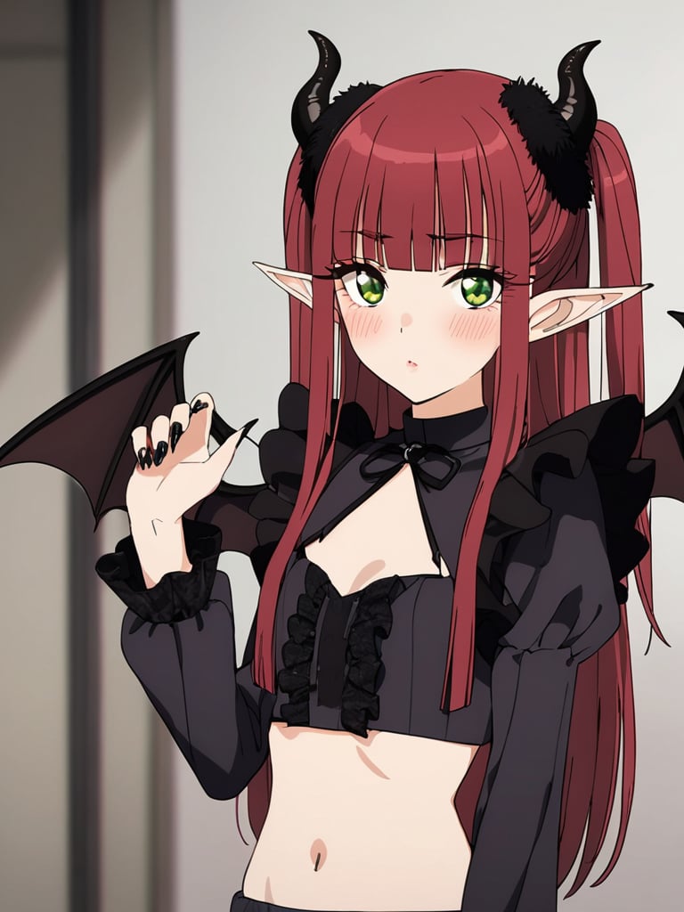 masterpiece,bestquality,<lora:kitagawa_marin-000002:0.8>,kitagawa marin,1girl,horns,black nails,pointy ears,wings,solo,green eyes,cosplay,bangs,demon horns,looking at viewer,long hair,red hair,upper body,blunt bangs,blush,navel,long sleeves,demon girl,demon wings,closed mouth,crop top,midriff,nail polish,frills,two side up,blurry,sidelocks,puffy sleeves,fake horns,