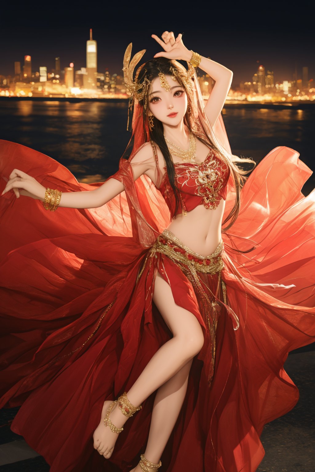 future0513,anklet,dancing,dress,Red dress,solo,<lora:future0513-honghanfu:0.8>,bare legs,headdress,navel,cityscape,