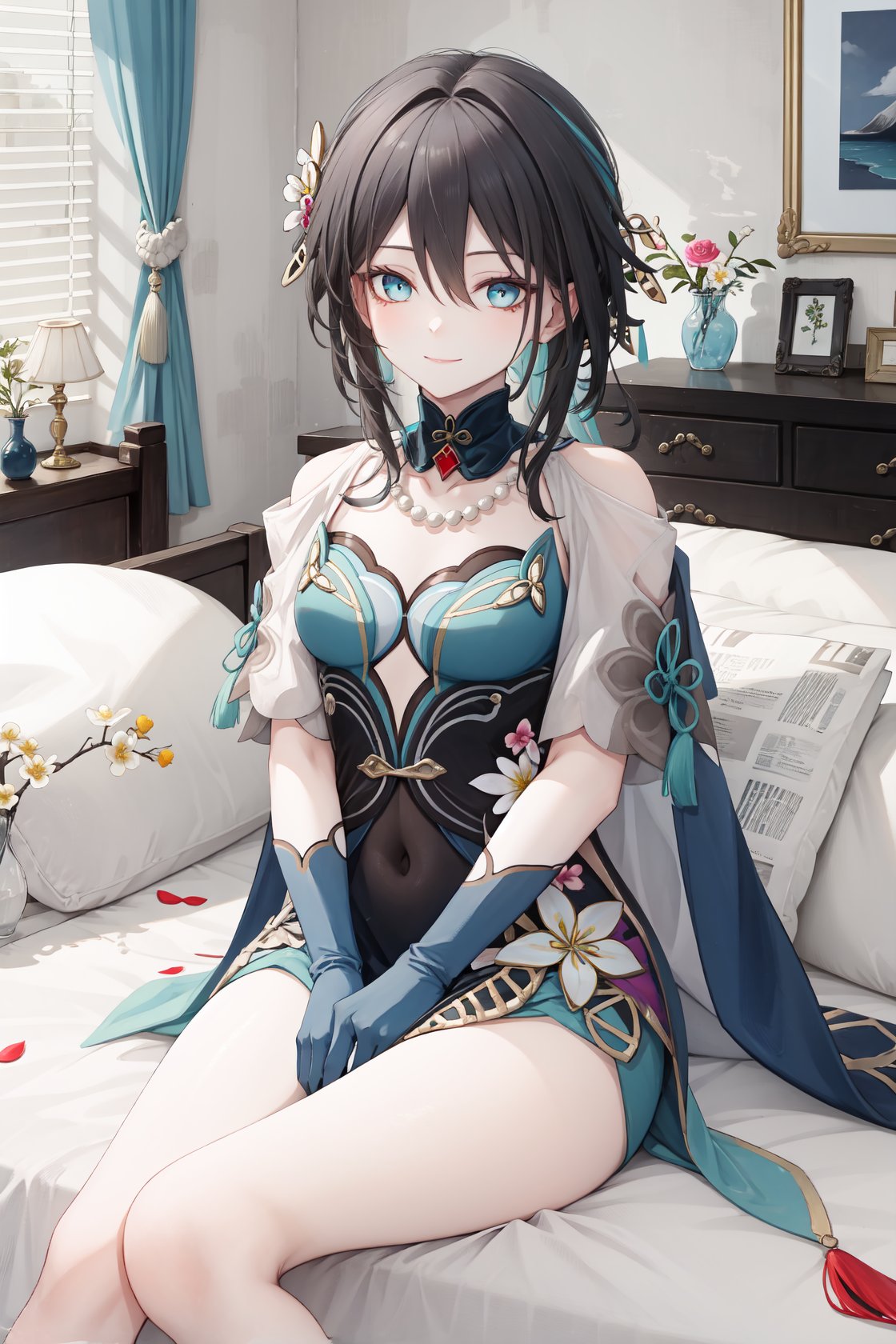 ruanmei,bangs,long hair,dress,gloves,hair between eyes,jewelry,hair ornament,blue eyes,black hair,flower,black gloves,blue dress,<lora:阮梅2-000011:0.9:lbw=role>,indoors,bedroom,sitting on bed,light smile,rosaria,, 1girl,,  (masterpiece,best quality:1.2),absurdres