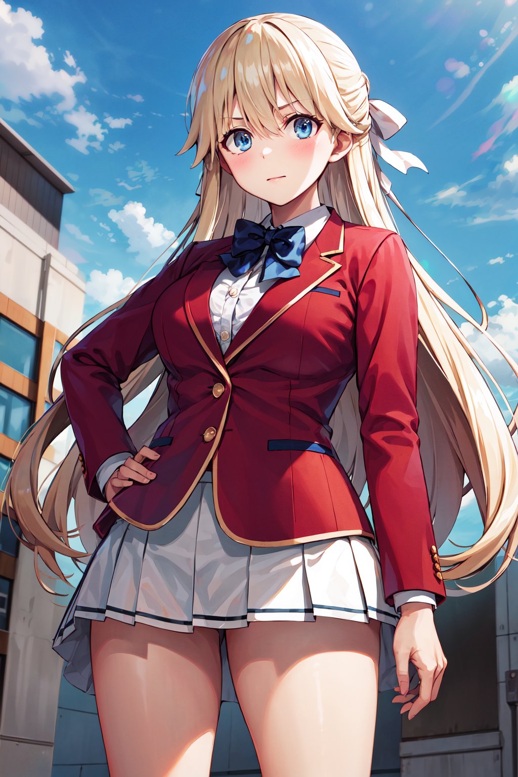 masterpiece, best quality, highres, 1girl, solo, long hair, blonde hair, hair ribbon, bangs, blue eyes, blue bowtie, collared shirt, blazer, red jacket, long sleeves, pleated skirt, white skirt, <lora:nanase_tsubasa_v1:0.7>, hand on hip, building, standing, cowboy shot, 