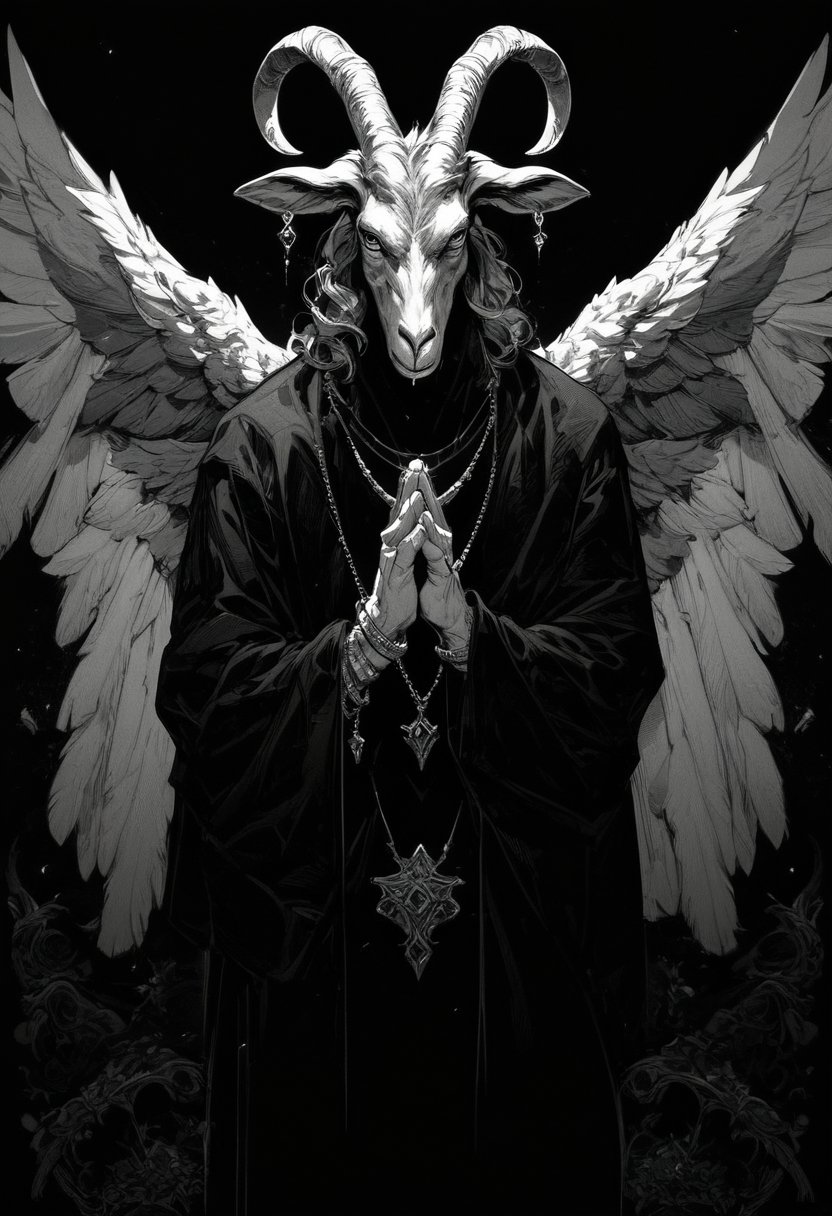 (score_9, score_8_up), score_7_up, zPDXL, solo, 1boy, holding, jewelry, monochrome, greyscale, black goat head, necklace, feathered wings, own hands together, black background, black robe <lora:GRIM_v1:0.9>