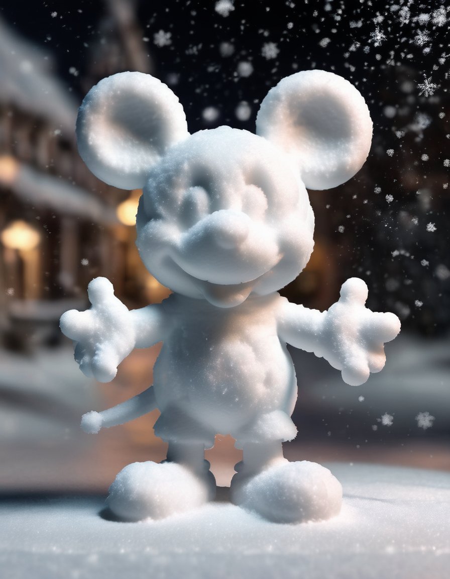 <lora:Aether_Snow_v1_SDXL_LoRA:1.0> full-body photo of mickey mouse made of snow, cinematic nightly