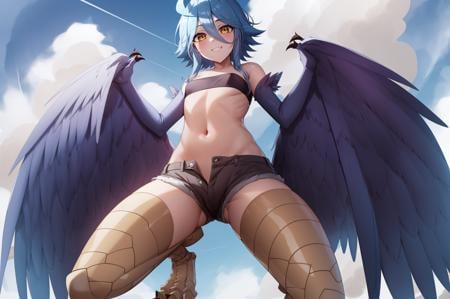 best quality, 4k, ((masterpiece)), extremely detailed, 8k, trending on ArtStation, Intricate, High Detail, Sharp focus, <lora:Papi:1>1girl, solo, harpy,winged arms, blue wings,blue hair, feathered wings, monster girl, yellow eyes, small breasts,outdoors,smile,hair between eyes, outdoors, looking at viewer,ahoge,bandeau, shorts, navel,bare shoulders, strapless, cloud, sky, day, talons, full body,(flying:1.2),from below, 