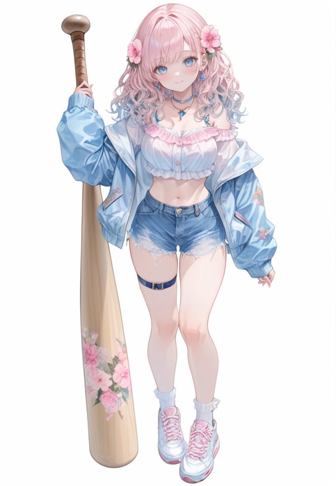 (best quality), ((masterpiece)), (highres), illustration, original, extremely detailed,  <lora:幻想华服萝莉:0.6>1girl, solo, shorts, hair ornament, jacket, shoes, blue eyes, hair flower, blue jacket, socks, open clothes, choker, frills, white socks, crop top, baseball bat, flower, midriff, white footwear, navel, long hair, full body, short shorts, open jacket, looking at viewer, white background, denim, simple background, long sleeves, frilled shirt, shirt, standing, bangs, camisole, holding, thigh strap, off shoulder, denim shorts, breasts, jewelry, blue shorts, closed mouth, pink flower, wavy hair, sneakers, smile, thighs, earrings, necklace, medium breasts, stomach