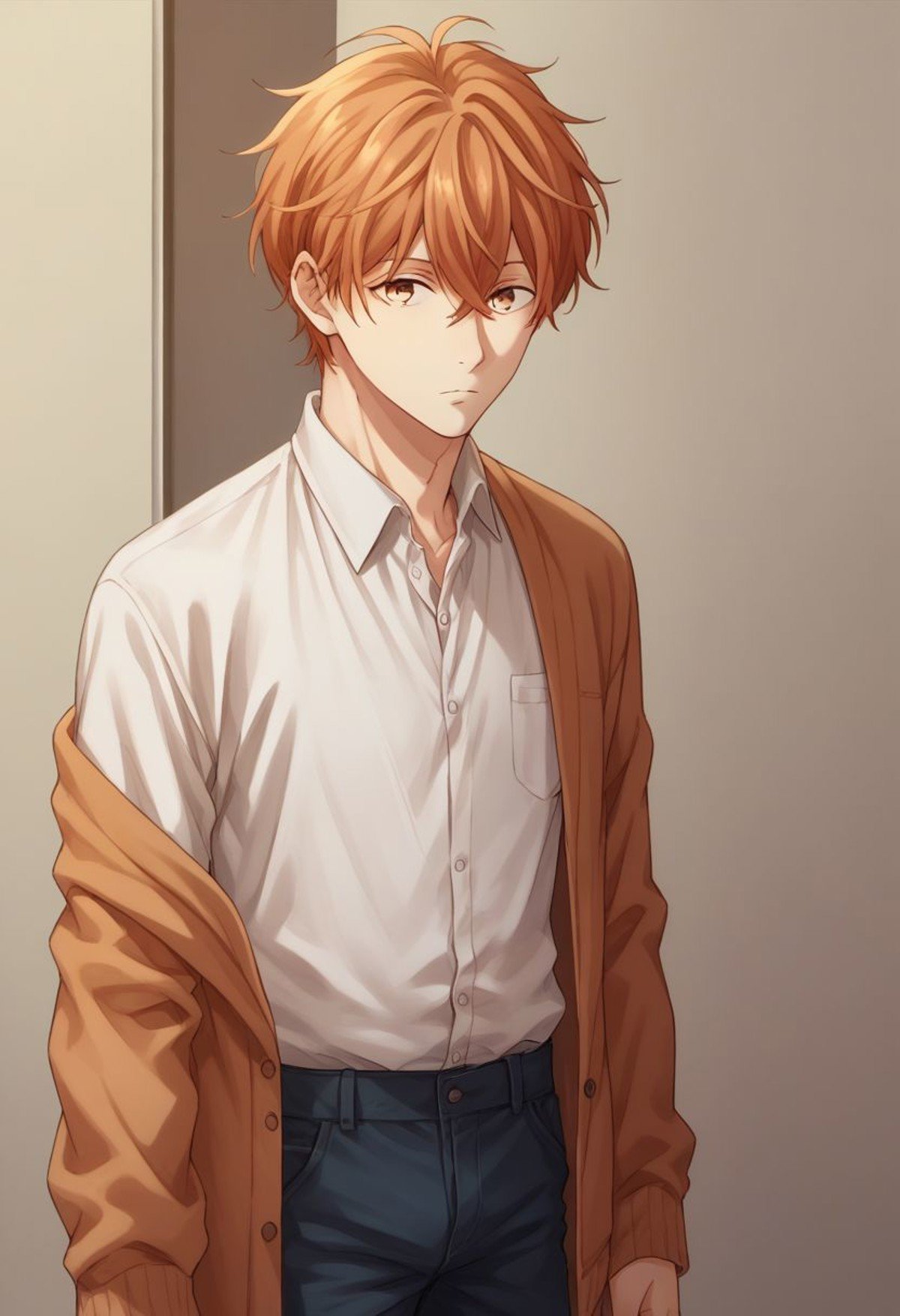 score_9, score_8_up, score_7_up, source_anime, highly detailed, skinny, mafuyu, 1boy, male focus, solo, brown eyes, salmon hair, hair between eyes, shirt, white shirt, collared shirt, cardigan, pants, expressionless,indoor, 