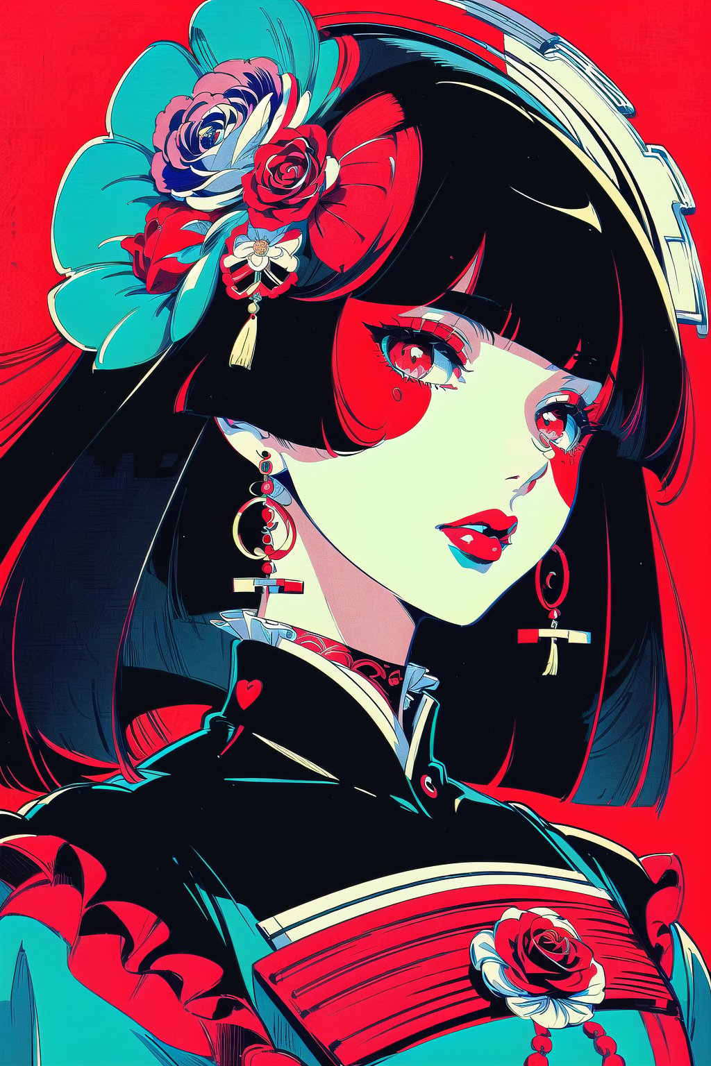 (Masterpiece), (highres), 8k, manga, digital illustration, 2d, retro artstyle, monochrome, partially colored,(ultra-detailed portrait of a woman,solo, shaded face, red rose, red theme, confident, jewelry, colorful, frill trim, extremely detailed, detailed face, lipstick, straight hair, bangs,stylish, expressive, blush, looking to the side, head tilt, cowboy shot, fully clothed, (8k resolution),post00d,Hajime_Saitou,,quju,Oiran,sugar_rune,sweetscape,hirom1tsu<lora:EMS-91280-EMS:0.400000>, <lora:EMS-269853-EMS:0.000000>, <lora:EMS-352161-EMS:1.200000>