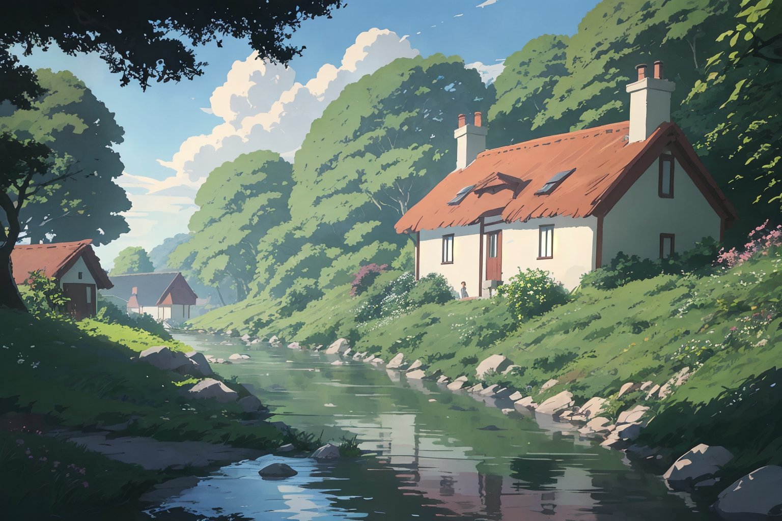 view of river beside a cottage on a natural landscape, sunlight, sunny day, studio ghibli style, <lora:GhibliStyleLora2ndsetreal10:1.2>