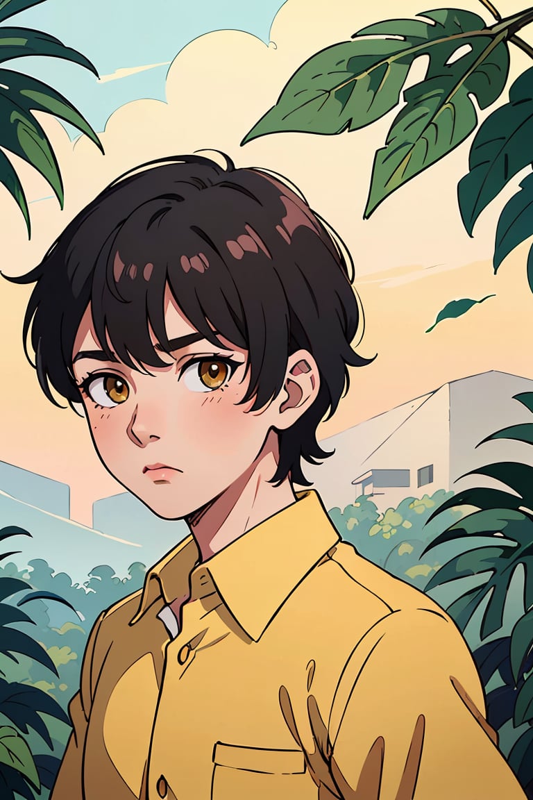 (best quality, 4k, 8k, highres, masterpiece:1.5), ultra-detailed,anime, solo,looking at viewer,blush,short hair,shirt,black hair,1boy,brown eyes,yellow eyes,upper body,male focus,collared shirt,leaf,male child,print shirt,reference inset