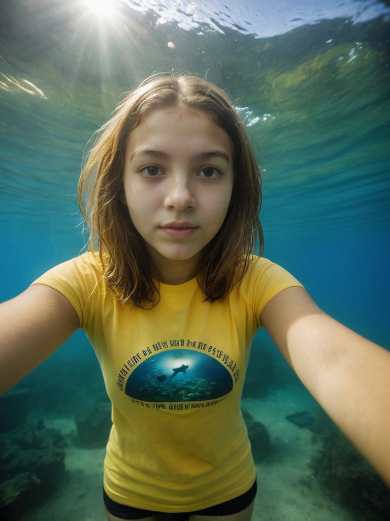 best quality, underwater a young girl 18yo skin skin-color color stand in germany, t-shirt, General_Camera  Fisheye len