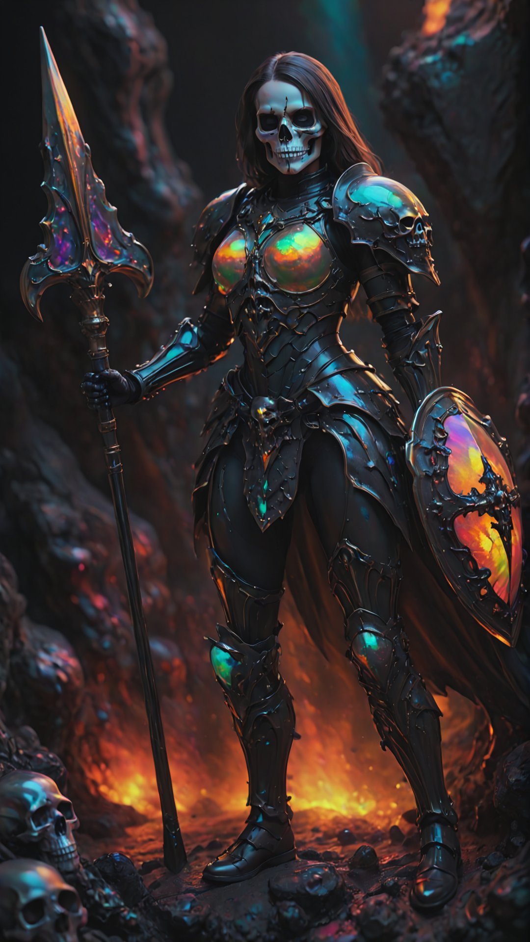 a Spanish female hell guard crusader, production cinematic character, skull style, hell armor, liquide gold and opal, hold long fire spear and shield, full body, colorful, dark noir, realistic, studio lighting, masterpiece, best quality, ray tracing reflection, sharp focus, shallow depth of field detailed lava cave background, 16k.  <lora:IOS_Iridescent_opal_style:0.8>