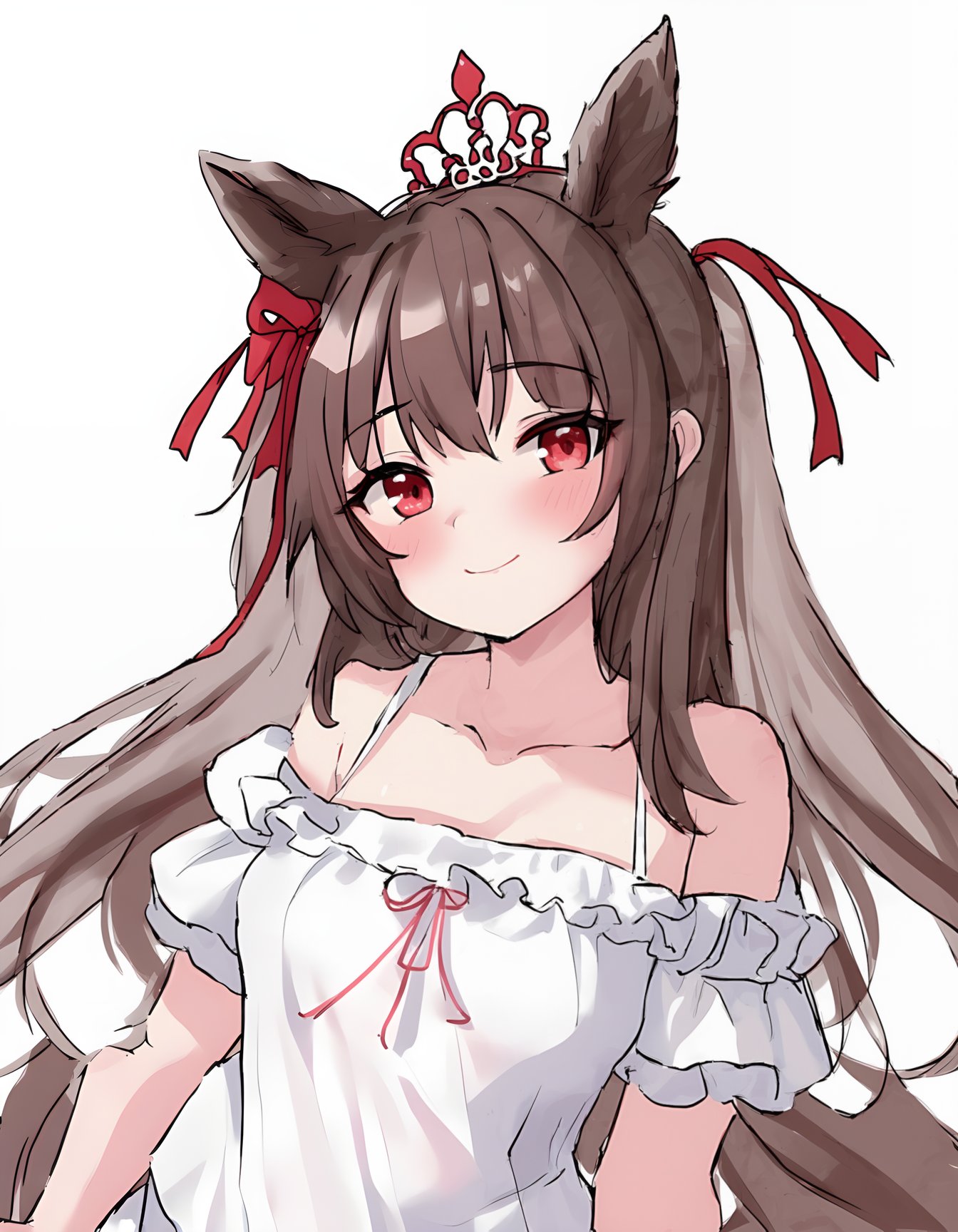 1girl, long hair, looking at viewer, blush, smile, simple background, shirt, brown hair, white background, red eyes, bow, animal ears, ribbon, hair between eyes, cleavage, bare shoulders, very long hair, twintails, collarbone, white shirt, upper body, hair ribbon, short sleeves, frills, puffy sleeves, off shoulder, grin, red bow, puffy short sleeves, horse ears, hair intakes, horse girl, tiara, crossed bangs, off-shoulder shirt, frilled shirt, daiwa scarlet, umamusume,