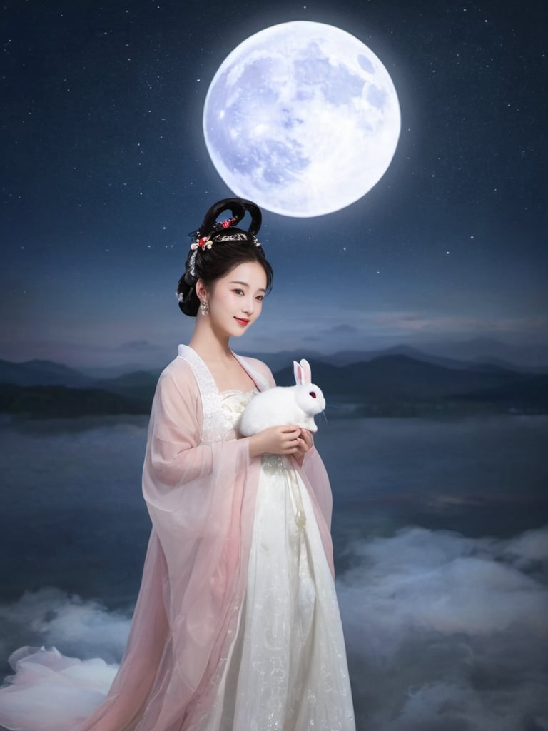 (Fairy Chang'e:1.5),1girl, animal, black hair, bunny, circle, crescent, cloud, dress, full moon, hair ornament, hanbok, hanfu, holding animal, lips, moon, moonlight, night, night sky, planet, realistic, red moon, sky, smile, solo,  white dress <lora:FairyChang:0.45>