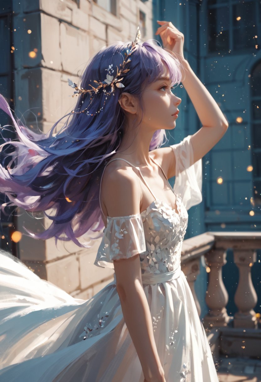 score_9, score_8_up, score_7_up, source_anime,1girl, solo, blue eyes, long hair, dress, looking up, white dress, bare shoulders, hair ornament, purple hair, collarbone, arm up, from side, profile, see-through, blurry, depth of field, light particles,