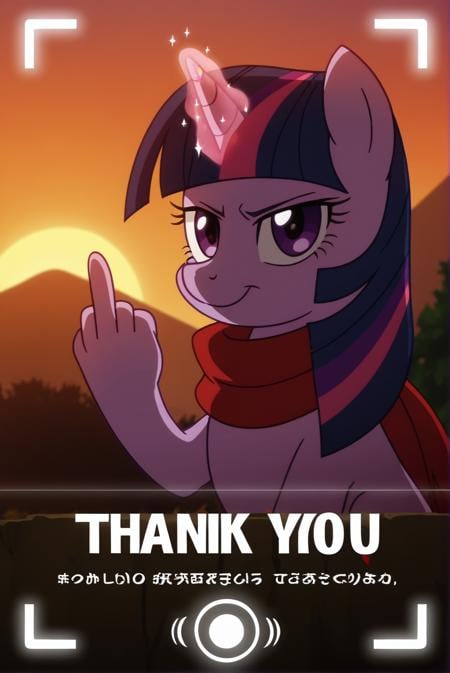 rating_all, score_69, anime screencap, source_pony, twilight sparkle, 1girl, cover, looking_at_viewer, middle_finger, profanity, red_eyes, red_scarf, sample, scarf, sunset, text "thank you", casting magic,
