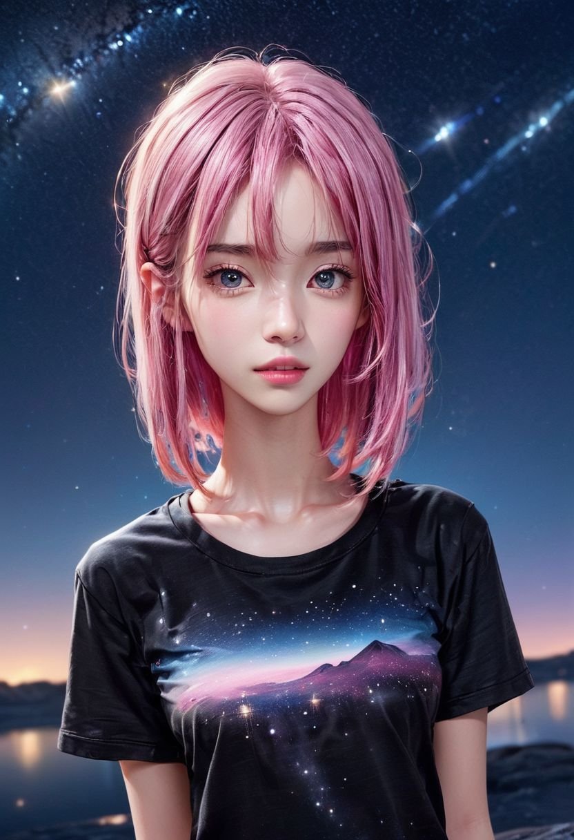 score_9, score_8_up, score_7_up, night sky, starry sky, 1girl, realistic, solo, black t-shirt, pink hair, long hair, upper body, looking at viewer