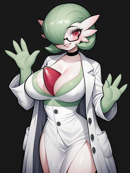 score_9, score_8_up, score_7_up, score_6_up, score_5_up, score_4_up,BREAK1girl, gardevoir, seductive smile, green hair, red eyes, white skin, pale skin, black choker, black-framed eyewear,BREAKsolo, cowboy shot, waving, 3 fingers, large breasts, white dress, labcoat,BREAKblack background, <lora:Lunas-Rabbit-SDXL-A1:1>