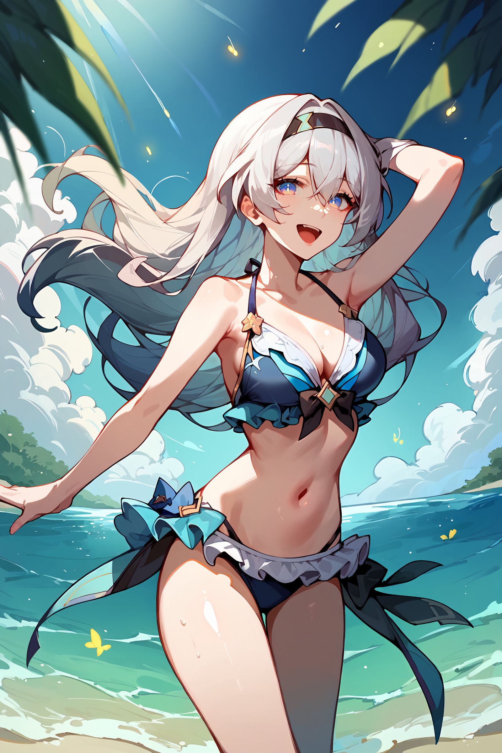 score_9, score_8_up, score_7_up, 1girl, firefly \(honkai: star rail\), hairband, frilled bikini, cowboy shot, looking at viewer, beach, ocean, sunlight, blue sky, depth of field, laughing  <lora:Char-HonkaiSR-Firefly-V1-Pony:0.9> <lora:Expressive_H:0.9> 