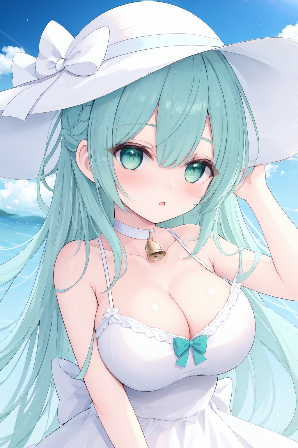 1girl,breasts,solo,cleavage,green eyes,long hair,white dress,looking at viewer,bangs,outdoors,white headwear,blush,sky,white choker,day,collarbone,bare shoulders,hand on headwear,large breasts,sun hat,cloud,hair between eyes,blue sky,aqua hair,white bow,medium breasts,green bow,bell,parted lips,