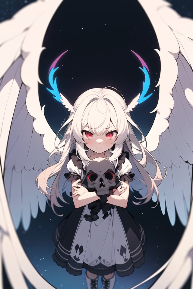 (masterpiece, Anime, absurd quality, best quality, official art, beautiful and aesthetic:1.2), (1 small girl:1.4), extreme detailed, (fractal art:1.3), colorful, highest detailed, vivid color, from above, angel, albino, babyface, hugging the skull, dark light, fluffy white frilly dress, white lace-up short boots, fluffy angel wings, pure white long hair, beautiful detailed red eyes, glaring at viewer, lots of skulls,