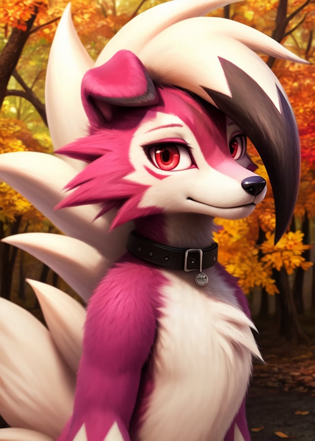 [by Semiitu:by Silverfox5213:0.45], feral solo (lycanroc, magenta body, red eyes:1.25), featureless chest, black collar, three-quarter portrait, three-quarter view, looking at viewer, standing, afterglow, autumn leaves, BREAK, masterpiece, best quality, ultra realistic, 4k, 2k, (high detail:1.3), film photography, (soft focus:1.1), RAW photo, photorealistic, analog style, subsurface scattering, photorealism, absurd res