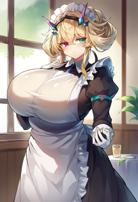 score_9, score_8_up, score_7_up, source_anime BREAK 1girl, solo, looking at viewer, cowboy shot,  <lora:Barghest_Sdxl:0.9>, Barghest_Maid, platinum blonde hair, twin braids, short hair, sidelocks, hair up, hair bun, heterochromia, maid headdress, frilled dress, pleated dress, juliet sleeves, maid apron, collar, black skirt, long skirt, white gloves, huge breasts, curvy, indoors, vila, marble floor, glass table, day, window, <lora:Pokoten-Style-PonyXL-000046:1>