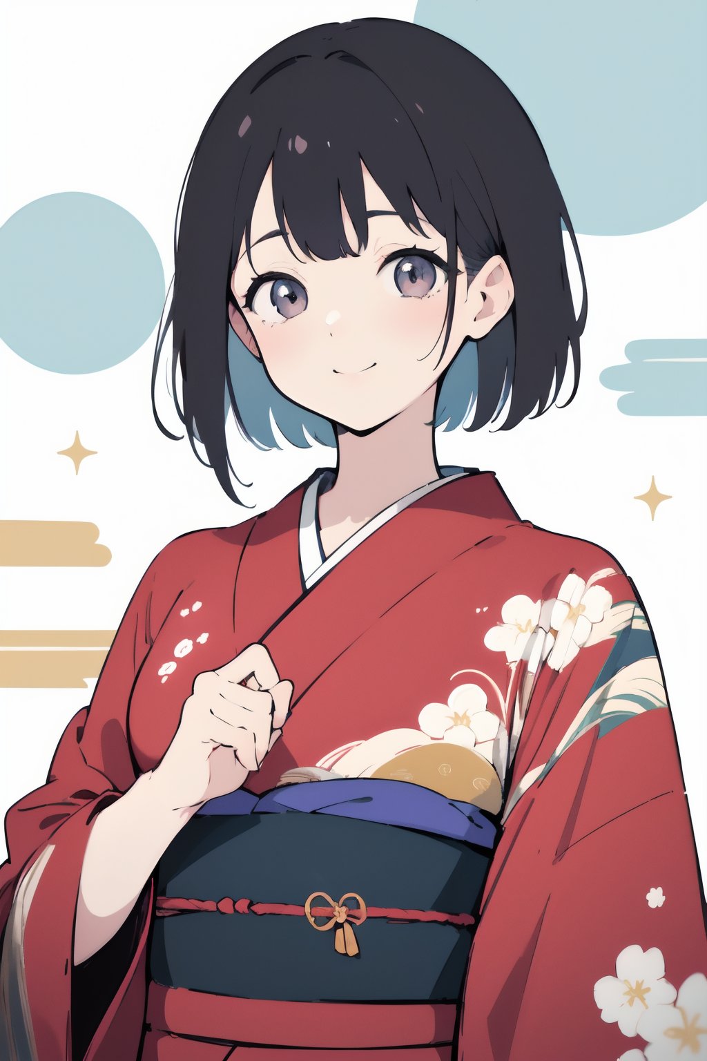 (finely best quality illustration:1.2), (kawaii girl:1.1), (1girl, solo:1.0), (black short hair:1.0), (red kimono:1.0), (smile:0.6), (upper body:1.0), (ultra-detailed, highres:1.0),