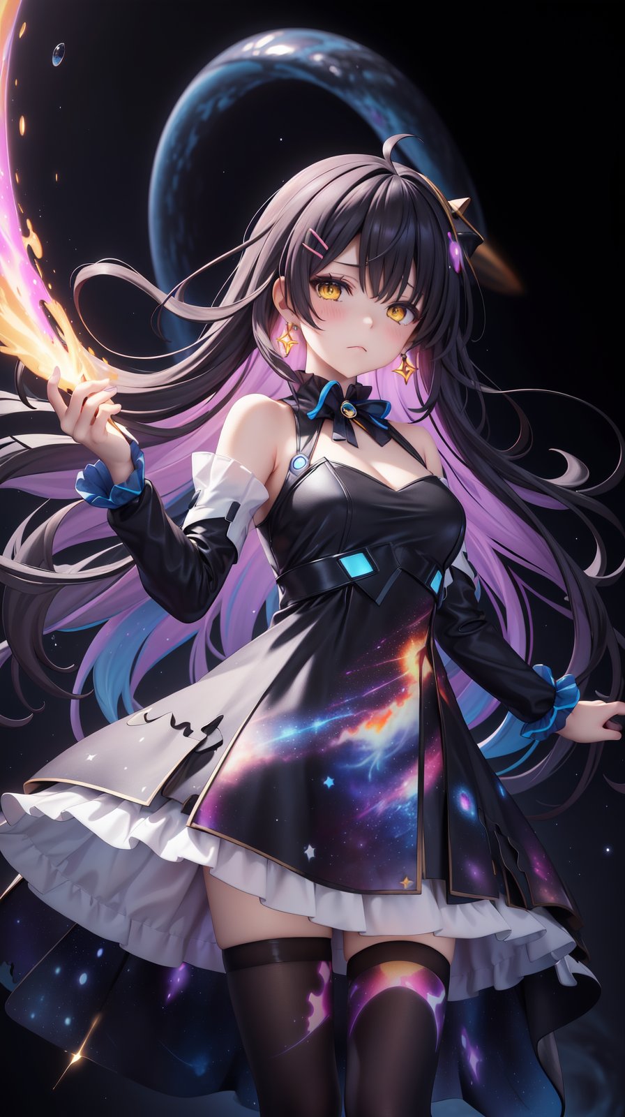 (Holding blackHole vortex in arm:1.4), (Nebula print on dress:1.4), Earrings, half closed eyes, (sad:1.2), (Frilled:1.3), open shoulders, (long galaxy sleeves), (ribbons:1.5), (hairpins:1.3), Circle galaxy skirt, purple hair, galaxy hair ornament, long hair, (on wind:1.5), (messy hair:1.5), sola4 gradient stockings, (glowing yellow eyes:1.3), (Galaxy print dress:1.5), masterpiece, best quality, Girl, (Black galaxy dress:1.3), (selestia:0.01), (Indifference:1.5)