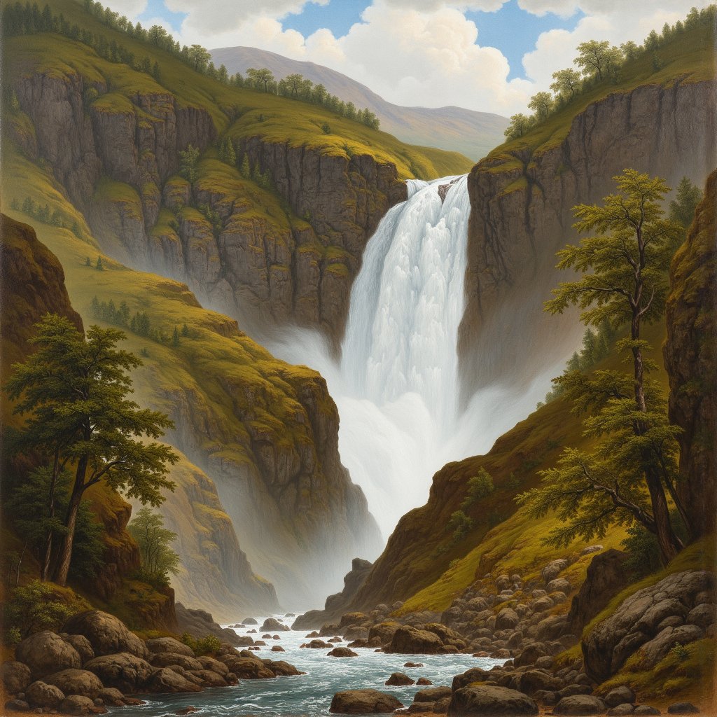 there is a painting of a waterfall in the middle of a forest,with trees and waterfalls,(waterfall),several waterfalls,lakes and waterfalls,ancient monument waterfall,with waterfalls and river,waterfall in background,cascade,waterfalls and lakes,nature journal cover,waterfall in the background,with waterfalls,waterfall,waterfall in distance,scene where she is in rivendell,rivendell,James Paterson,art of édouard bisson,fjords,coloured lithograph engraving,naturalistic technique,water falls,the lost valley,book cover art,Hans Gude,cascading waterfalls,1900 illustration artwork,a river flowing with waterfall,multiple waterfalls,water fall,waterfall cascades,waterfall below,