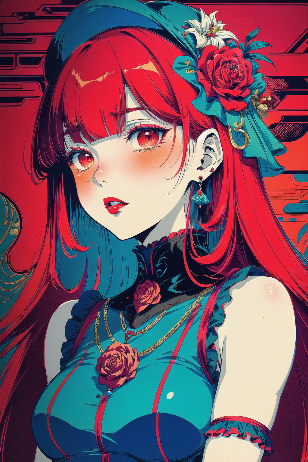 (Masterpiece), (highres), 8k, manga, digital illustration, 2d, retro artstyle, monochrome, partially colored,(ultra-detailed portrait of a woman,solo, shaded face, red rose, red theme, confident, jewelry, colorful, frill trim, extremely detailed, detailed face, lipstick, straight hair, bangs,stylish, expressive, blush, looking to the side, head tilt, cowboy shot, fully clothed, (8k resolution),post00d,Hajime_Saitou,,quju,Oiran,sugar_rune,sweetscape,hirom1tsu<lora:EMS-91280-EMS:0.400000>, <lora:EMS-269853-EMS:0.000000>, <lora:EMS-352161-EMS:1.300000>