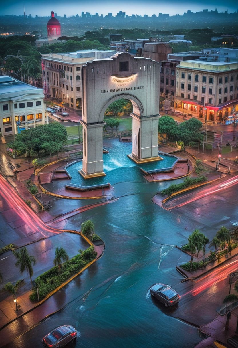 Imagine a breathtaking scene where a cascade of water bursts forth from the iconic San Juan Triumphal Arch, cascading down into a pool below. In this cyberpunk cityscape, the arch serves not only as a symbol of history but also as a marvel of technological ingenuity.The water flowing from the arch is illuminated by neon lights, creating a mesmerizing display of colors against the dark backdrop of the city skyline. Holographic images dance in the mist created by the cascading water, adding to the surreal atmosphere of the scene.Surrounding the arch are futuristic skyscrapers, their sleek surfaces reflecting the neon glow of the city. Flying cars zip past overhead, their engines humming softly as they navigate the bustling streets below. In the distance, the sound of robotic footsteps echoes through the air, a constant reminder of the city's ceaseless activity.Despite the chaos of the city, the cascade from the San Juan Triumphal Arch brings a sense of tranquility to the scene, offering a moment of respite from the relentless pace of urban life. It is a reminder of the beauty and power of nature, even in the midst of a technologically advanced world.