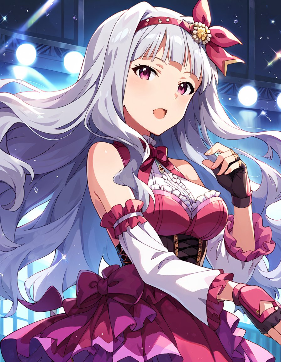 score_9, score_8_up, score_7_up, source_anime,1girl, solo, idol concert, singing, looking at viewer,  diva, stage, white curtain, stage lights, light particles,  <lora:ShijouTakane_pony_v1:0.9>sjutkn, very long hair, grey hair, wavy hair, blunt bangs, hairband, purple eyes, large breasts, purple dress, sleeveless dress,layered dress, cross-laced dress,long sleeves, bare shoulders, frills, detached sleeves, corset, black fingerless gloves, shiny hair, floating hair, hair ornament, detailed eyes, eye refraction, 