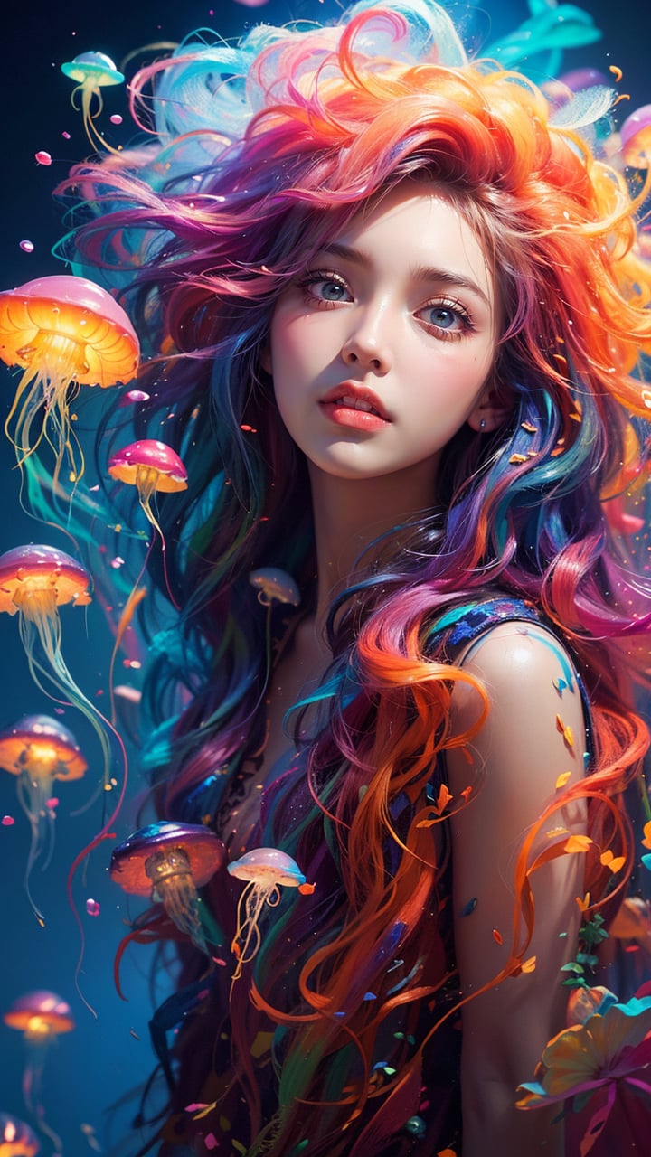 Colorful Girl,full body,1 girl,dynamic posture,colorful hair,gradient hair,colorful jellyfish background,large jellyfish,small jellyfish,numerous jellyfish,super details,ultra-high quality,realism,painted artistry,official art,