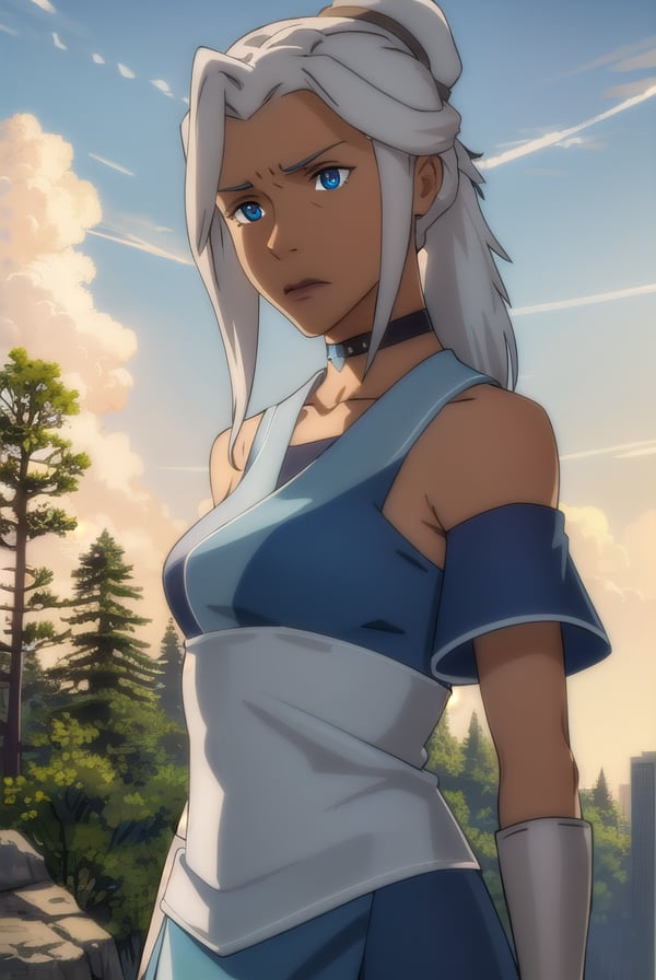 avatarkya, <lora:avatar kya-lora-nochekaiser:1>,kya, long hair, ponytail, grey hair, hair bun, single hair bun, blue eyes, dark skin, dark-skinned female,BREAK dress, jewelry, boots, choker, blue dress, grey footwear,BREAK outdoors, forest, nature, grass, trees, sun, sky, clouds,BREAK looking at viewer, (cowboy shot:1.5),BREAK <lyco:GoodHands-beta2:1>, (masterpiece:1.2), best quality, high resolution, unity 8k wallpaper, (illustration:0.8), (beautiful detailed eyes:1.6), extremely detailed face, perfect lighting, extremely detailed CG, (perfect hands, perfect anatomy),