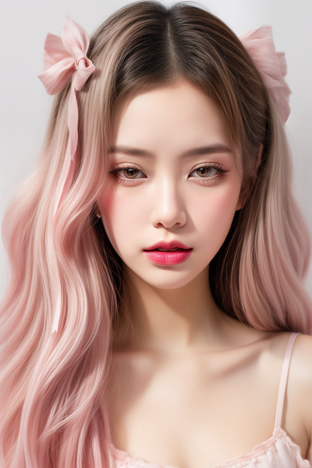 (fashion photography:1.3),(sweet:1.2),((nail polish, eyeliner, eyelashes, lipstick, makeup)),The girl has long,(wavy hair with a mix of pink and white colors:1.1),which gives off a soft and whimsical vibe. They are wearing what appears to be a light-colored,possibly pink,top with a ruffled neckline. The person is also adorned with accessories that include a headband with a bow and what looks like a feather or a decorative element on the side. The overall aesthetic is very cute and playful,with a focus on pastel colors and a fantasy-like quality. The background is simple and does not distract from the subject,which is the person's face and upper body,<lora:add_detail 3:1>,<lora:pcm_sd15_normalcfg_8step:1>,