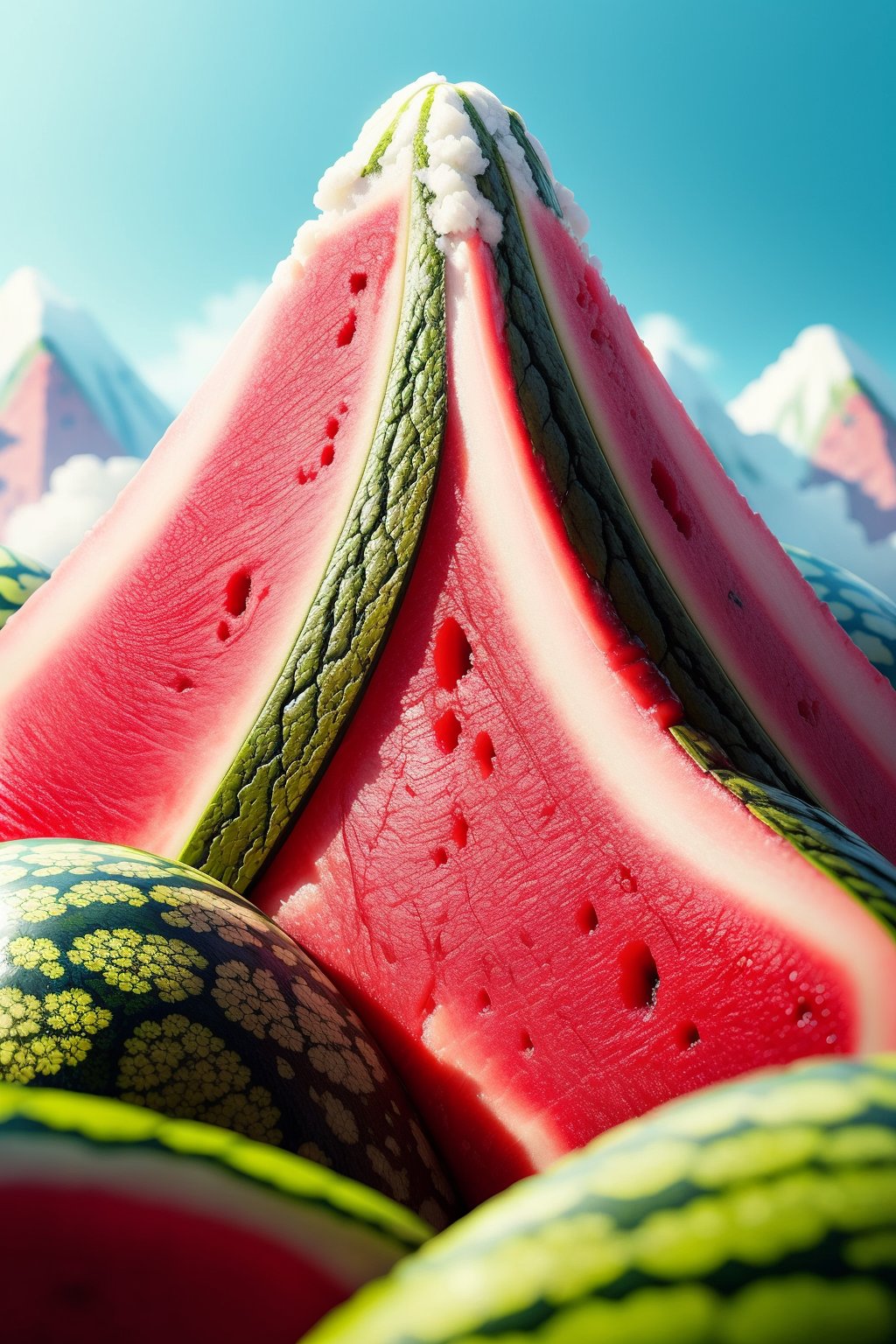 masterpiece,best quality,<lora:微缩世界-美食版>,miniature photography,the mountain formed by watermelon,