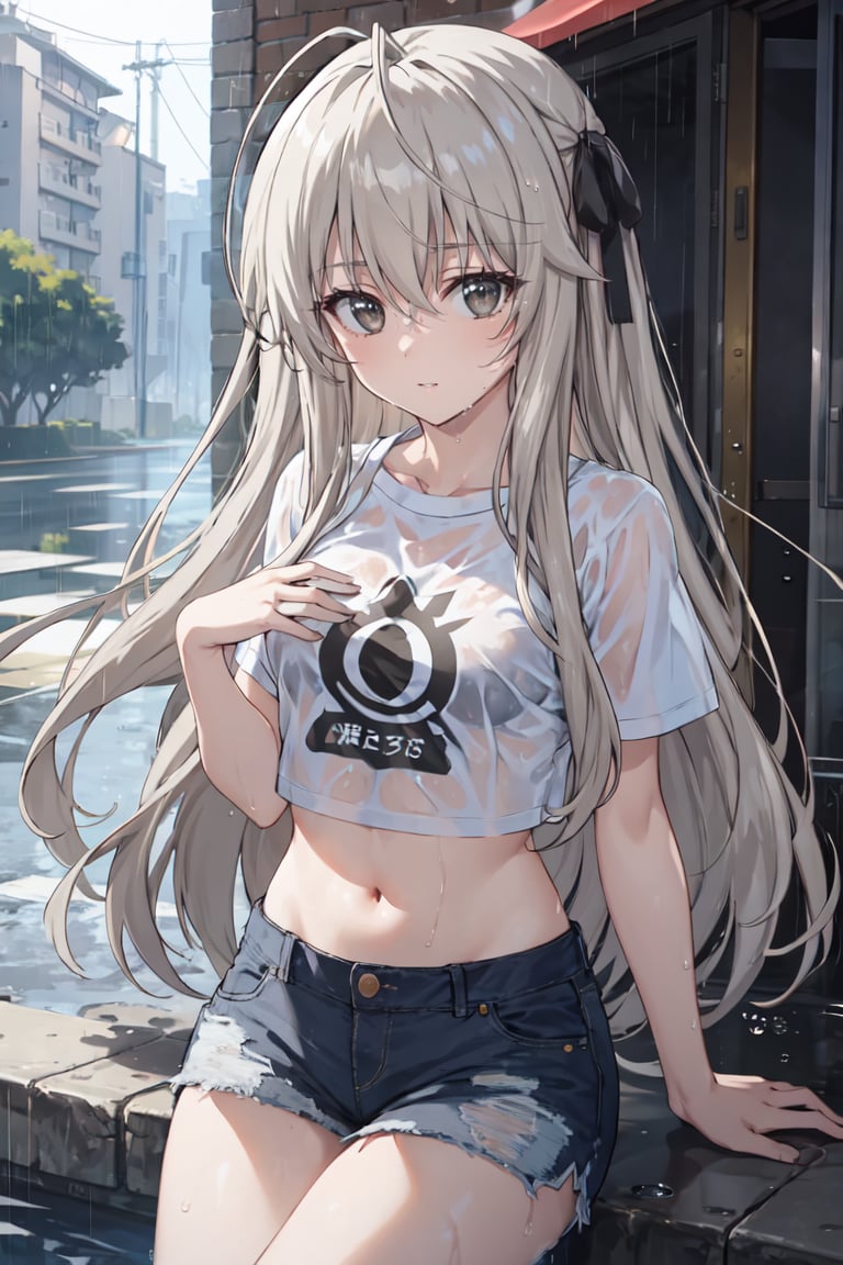 masterpiece, best quality, ultra-detailed, glistening shiny, glowing light, ray tracing, HDR, deph of field, (perfect face, detailed face),  <lora:KasuganoSora:0.7>, kasuganosora, long hair, small breasts, black hair ribbon, t-shirt, crop top, denim shorts, wet, rain, outdoors