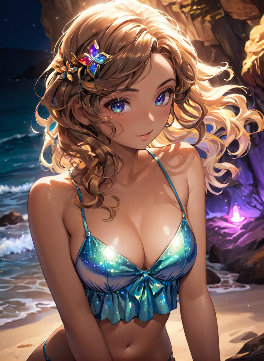 (masterpiece), best quality, highres, 4k, 8k, intricate detail, cinematic lighting, amazing quality, amazing shading, soft lighting, ultra detailed skin, ultra detailed face, perfect eyes, small skin imperfections, 1girl, Beachy waves, saggy breasts, Hourglass body, black eyes, Balayage hair, colorful cave lights during night time, oily skin, dynamic angle, colorful glowing cristals, night, hair ornament, intrincate clothing, sexy, 35mm, analog style, a realistic photo, film grain, (photorealistic:0.6), taken by a canon eos r5