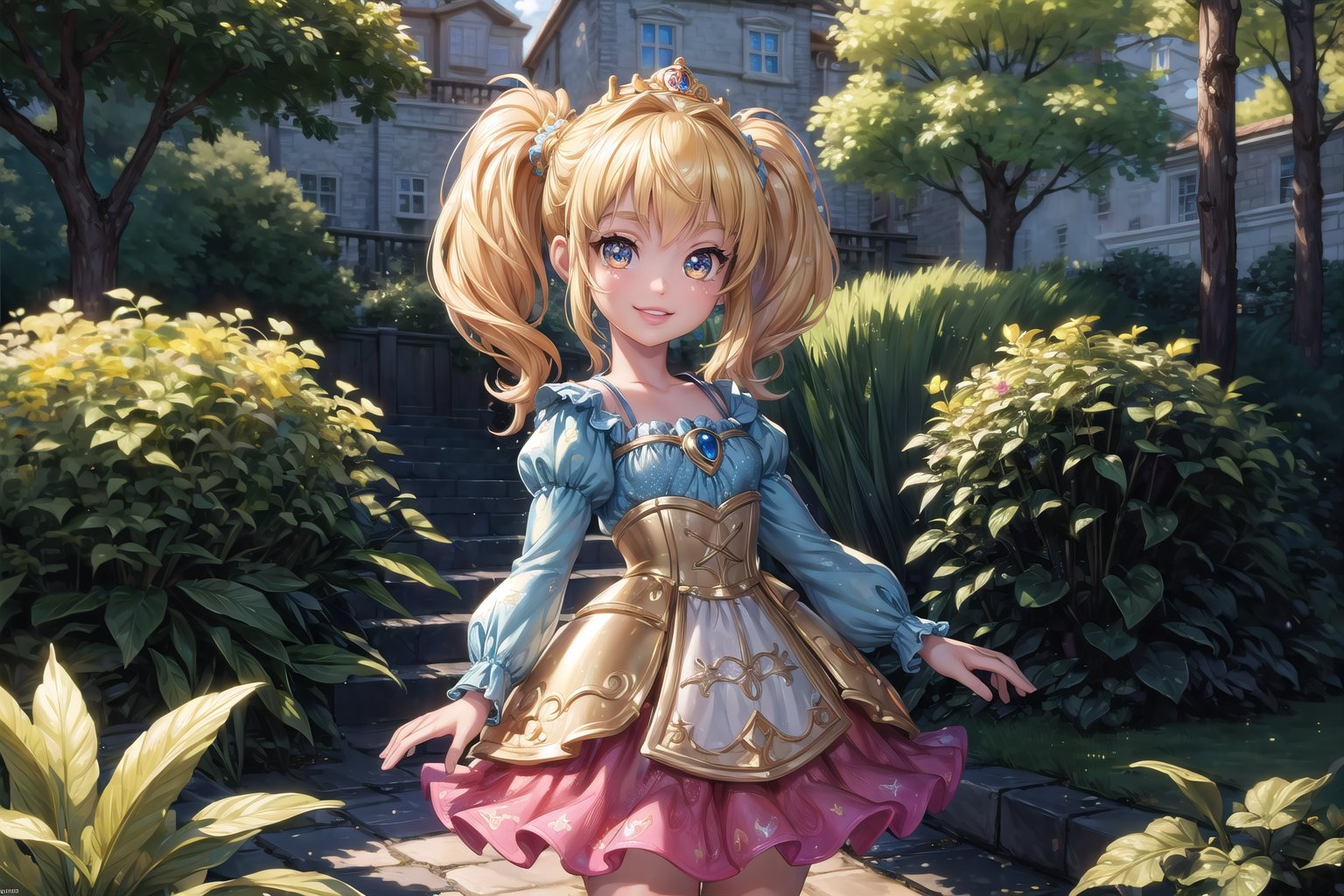 (masterpiece, best quality:1.3), 8k resolution, digital illustration, p0lly, 3d, toy, original, ultra-detailed portrait, cowboy shot, 1girl, minigirl, polly pocket, photoreal, blonde hair, twintails, playful, garden, outdoors, sunlight, looking at viewer, smile, rubber, (dynamic), stylish, (shiny:1.1) fashion, dress, (deep depth of field), cute, miniature, depth, glitter, extremely detailed, (intricate details), perfect face, finely detailed face, detailed eyes, volumetric, perfect composition,volumetric lighting, soft lighting,traditional media,cara,sweetscape,coralinefilm<lora:EMS-363895-EMS:0.900000>, <lora:EMS-179-EMS:0.300000>, <lora:EMS-47252-EMS:-0.200000>