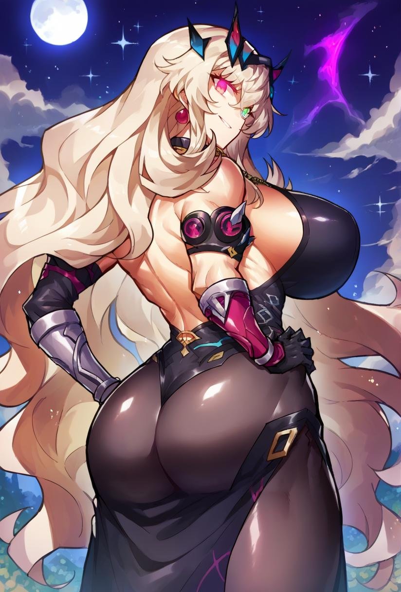 score_9, score_8_up, score_7_up, source_anime BREAK 1girl, solo, looking at viewer, cowboy shot,  <lora:Barghest_Sdxl-11:0.9>, Barghest_SecondAsc, platinum blonde hair, wavy hair, sidelocks, crossed bangs, very long hair, heterochromia, glowing eyes, black dress, collar, necklace, jewelry, earrings, sleeveless dress, pelvic curtain, black pantyhose, single gauntlet, single pauldron, shoulder spikes, elbow gloves, black gloves, uneven gloves, thick thighs, huge breasts, outdoors starry sky, medieval, evil smile, night, moon, moonlight, from behind, back, ass, hands on hips,   <lora:Melon22-Style-PonyXL-000054:1>