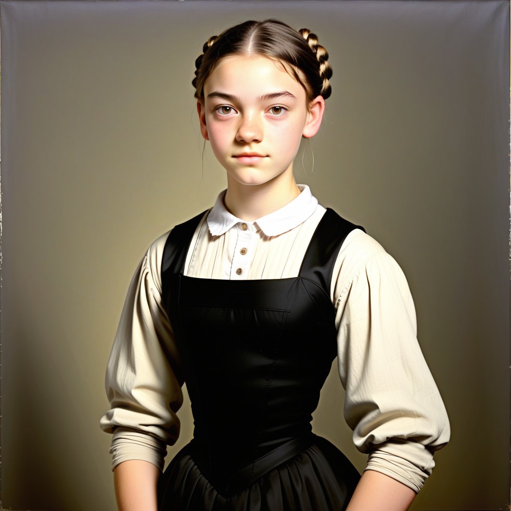 Full-body-length painting of a Young Girl: A slender, 18-year-old girl with hair tied in double plaits and light brown eyes gazes directly at the camera, exuding confidence.