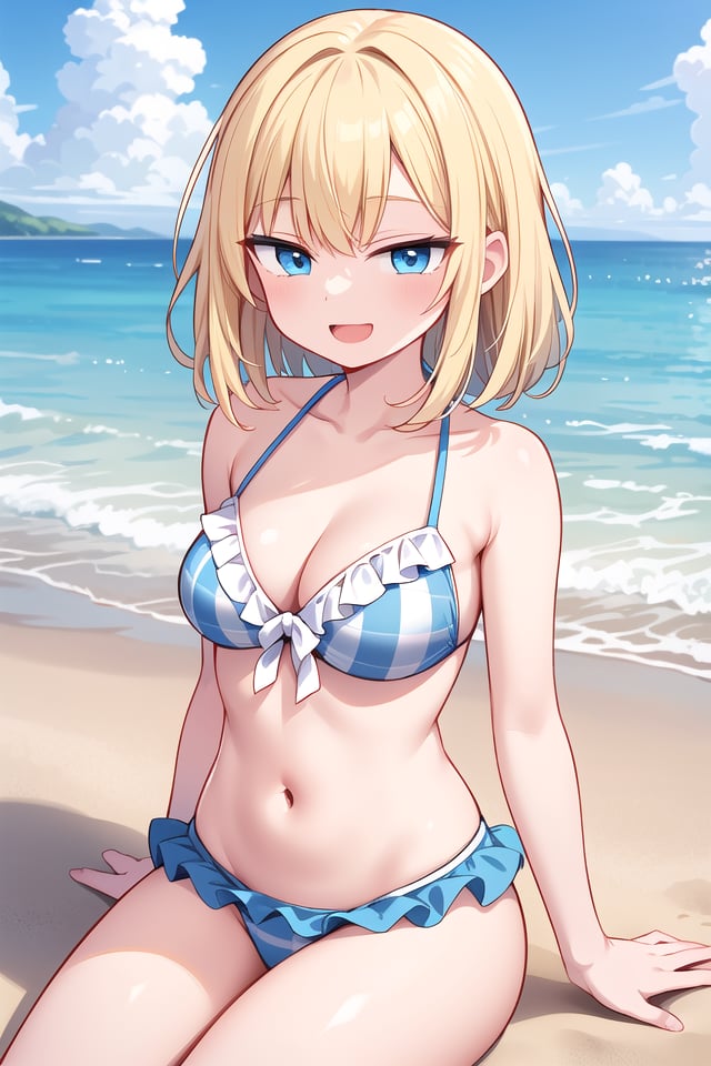 insanely detailed, absurdres, ultra-highres, ultra-detailed, best quality,(wearing pastel blue pink bikini with checked pattern with frills:1.3),1 girl, solo, happy smile, laugh, open mouth,BREAKsitting on beach, dynamic pose, cowboy shot, looking at viewer,slender, kawaii, perfect symmetrical face, ultra cute girl, ultra cute face, ultra detailed eyes, ultra detailed hair, ultra cute, ultra beautiful,BREAKbeach, coast, ocean, blue sky, cloud, outdoor, ultra detailed background,large breasts, cleavage, (blonde medium hair, blue eyes:1.2)