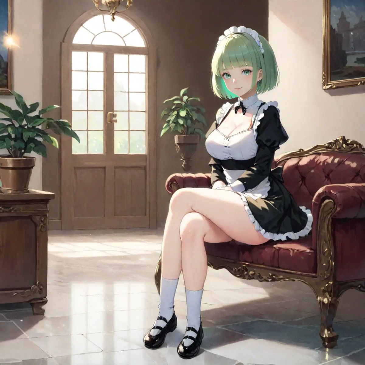 (raytracing, HDR, Victorian:1.4)BREAK maid outfit, short skirt with lace hemline, Mary Janes, ruffled socks, marble floor, potted plants, chandeliers, window, door, gold furnitureBREAK light green hair, green eyes, bob cut with blunt bangsBREAK (from side, crossed legs, full body:1.2) <lora:STFD_V2:1>