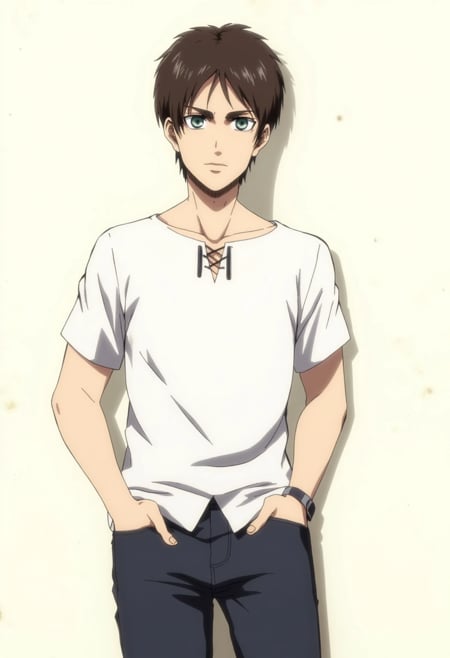 A character design illustration featuring Eren in a casual outfit, showcasing his lighter side. He has short, messy brown hair and a relaxed expression, his bright green eyes sparkling with mischief. Dressed in a simple white shirt and dark jeans, he leans against a wall, hands in pockets, exuding an approachable yet determined vibe.