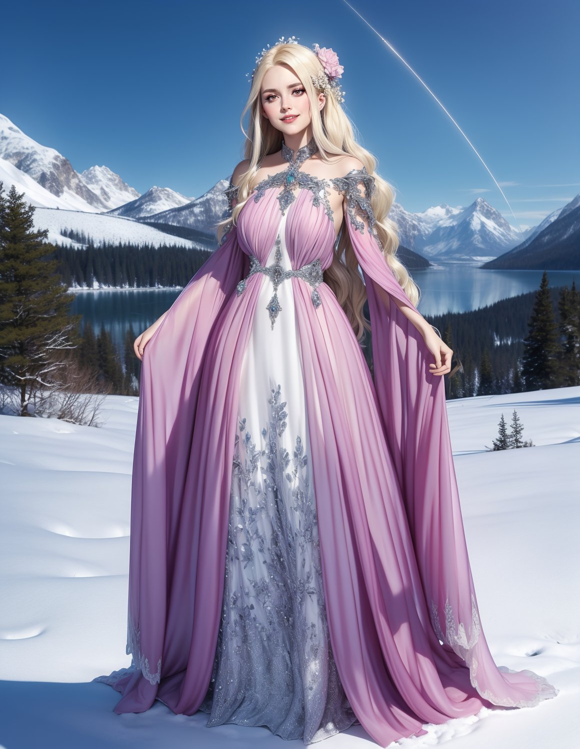 romantic style (full body photo:1.3), adult woman, standing, wearing HUD_spr_armr, hair flower, long (chiffon dress), long sleeves, jewelry, intricate engraved metal neckpiece, shoulder piece, jeweled belt, breastplate, laser cut sleeves, <lora:HUD_spr_armr-07:0.7>, (long blonde hair:1.1), 4k, snowy mountains in the distance, setting with trees and a lake, smile . emotional, dramatic, nature-focused, detailed