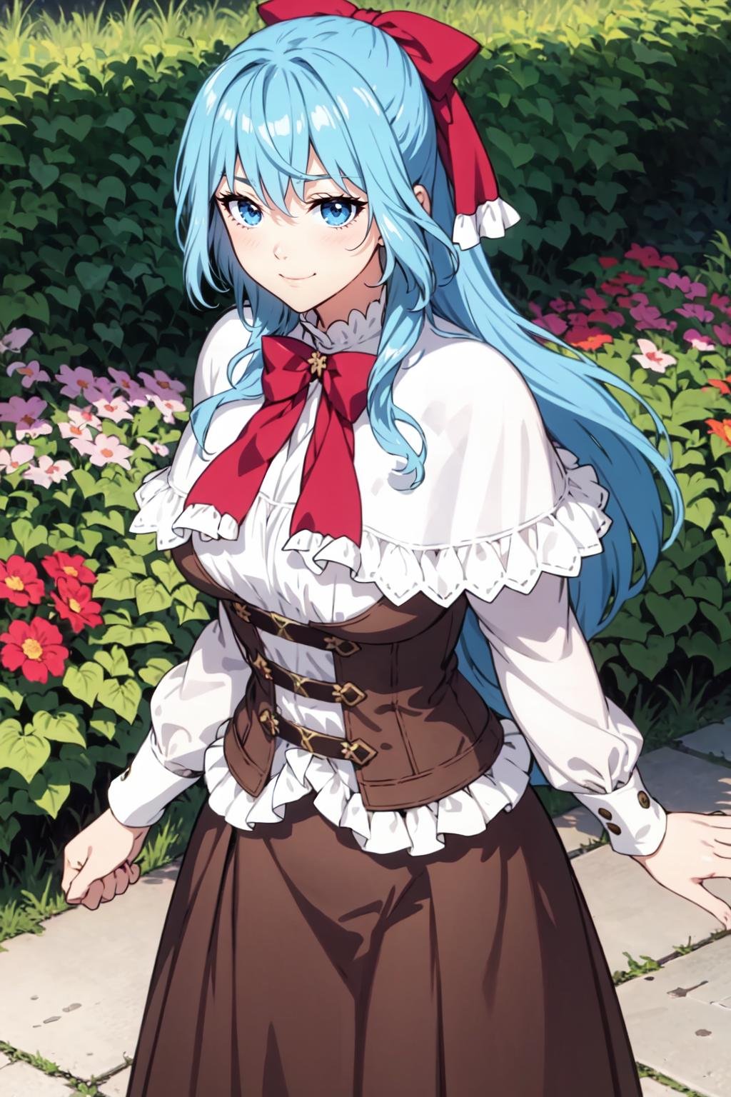 cowboy shot, standing, light smile BREAK sgliselotte, long hair, blue hair, sidelocks, blue eyes BREAK red bow, hair bow, red bowtie, white capelet, brown corset, long sleeves, brown skirt BREAK (garden field:1) <lora:liselotte-sd15-6-000007:0.8>