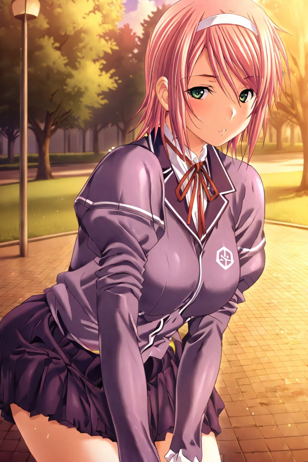 leaning forward, 1girl, solo, s_mm, medorei \(game\), morino minato, school uniform1, retro_artstyle, masterpiece, best quality, very aesthetic,park, short hair, green eyes, <lora:morino minato 606:1>