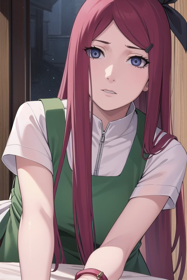 kushina, <lora:kushina-lora-nochekaiser:1>,kushina, long hair, hair ornament, red hair, hairclip, (grey eyes:1.5),BREAK shirt, dress, jewelry, white shirt, short sleeves, apron, bracelet, green apron, collar,BREAK looking at viewer, upper body, full body, cowboy shot,BREAK indoors,BREAK <lyco:GoodHands-beta2:1>, (masterpiece:1.2), best quality, high resolution, unity 8k wallpaper, (illustration:0.8), (beautiful detailed eyes:1.6), extremely detailed face, perfect lighting, extremely detailed CG, (perfect hands, perfect anatomy),