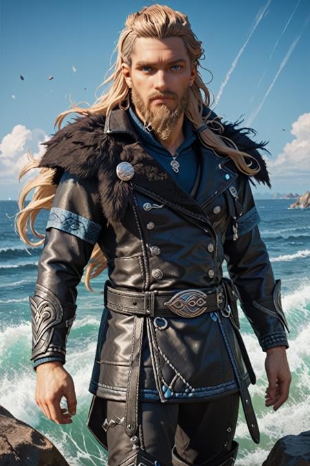 score_9, score_8_up, score_7_up, score_6_up<lora:ACMEivor:1.0>ACMEivor, 1boy, blonde hair, long hair, blue eyes, beard, looking at viewer, male model in a black leather jacket, standing on a rugged coastline, wind-swept hair, dramatic sky, waves crashing against rocks, intense expression, monochrome tones